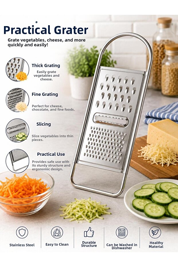 Stainless Steel Hand Grater Fine Coarse Grater and Slicer Multi-Purpose Kitchen Grater