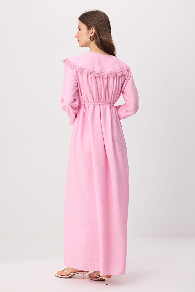 Pembe Dantel Detay İpeksi Kumaş Astarsız Vual Dokuma Elbise&Tulum Tesettür Elbise TCTSS26EB00202 - 4