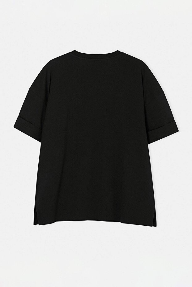 Siyah Duble Kol Geniş Kesim Asimetrik Boyfriend %100 Pamuk Örme T-Shirt TBBSS26BF00066 - 5