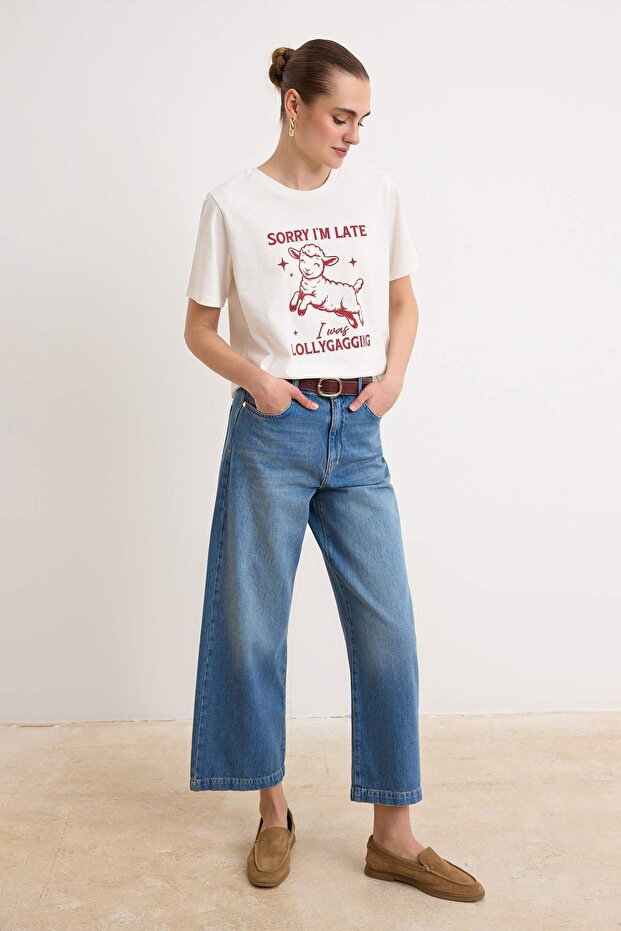 Ekru Baskılı Regular/Normal Kalıp Kısa Kollu Tok %100 Pamuk Örme T-Shirt TWOSS26TS00091 - 2