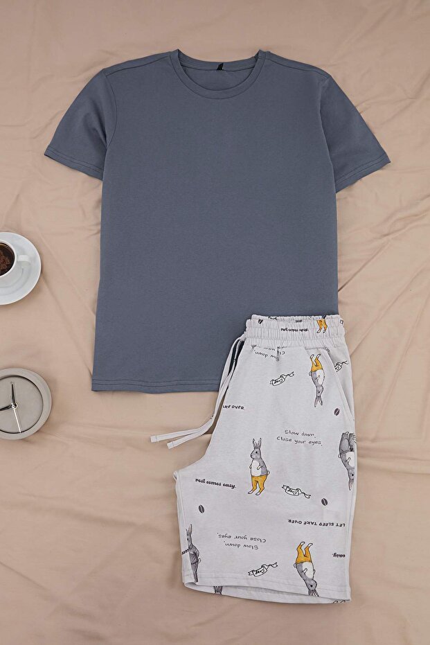 Lacivert Kanguru Desenli Cauple/Çift Yazlık Örme Pijama Takımı TMNSS26PT00052 - 3