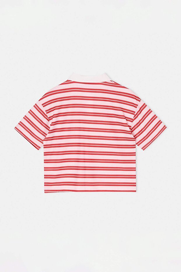 Pembe Kırmızı Çizgili Polo Yaka Baskılı T-Shirt TDRSS26TS00027 - 5