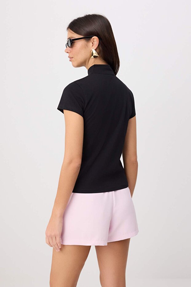 Siyah Regular/Normal Kalıp Pencere Detaylı Tok %100 Pamuk Örme Bluz TWOSS26BZ00381 - 4