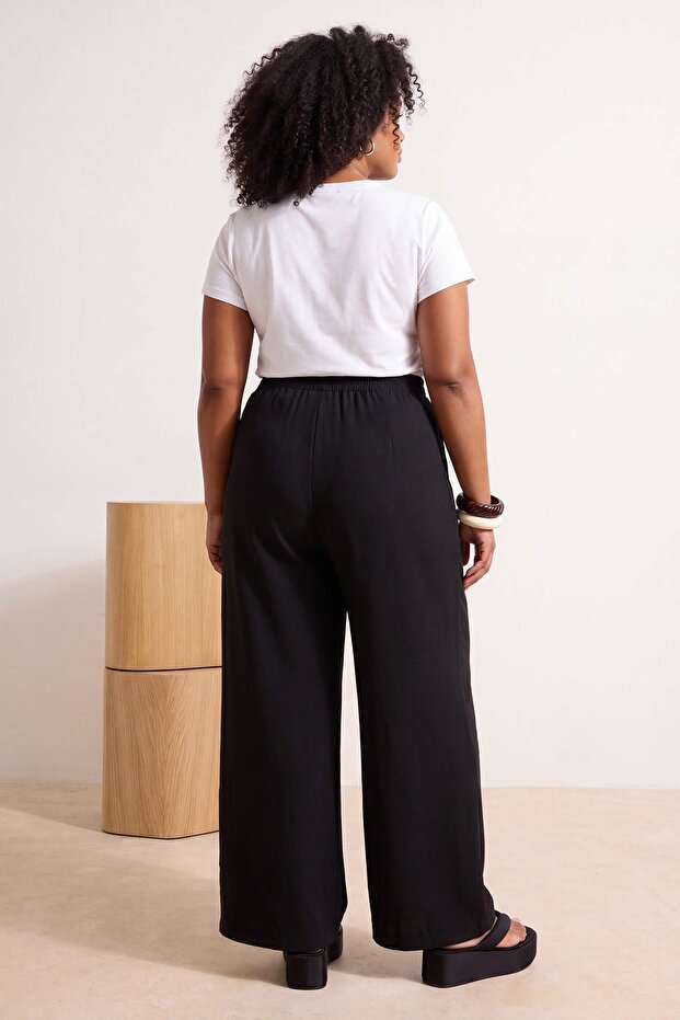 Siyah Dokuma Wide Leg Keten İçerikli Büyük Beden Pantolon TBBSS26AR00001 - 3