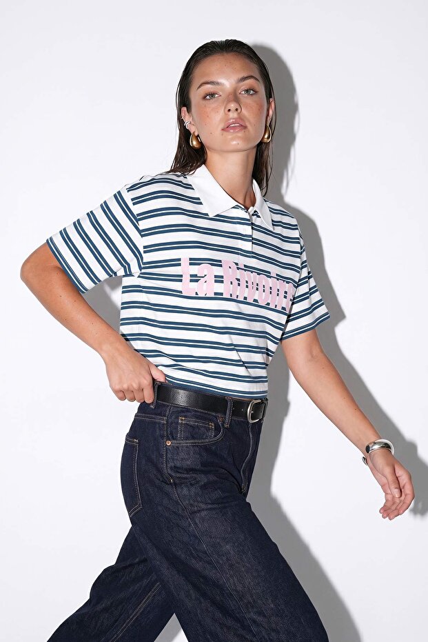 Ekru Mavi Çizgili Polo Yaka Baskılı T-Shirt TDRSS26TS00027 - 1