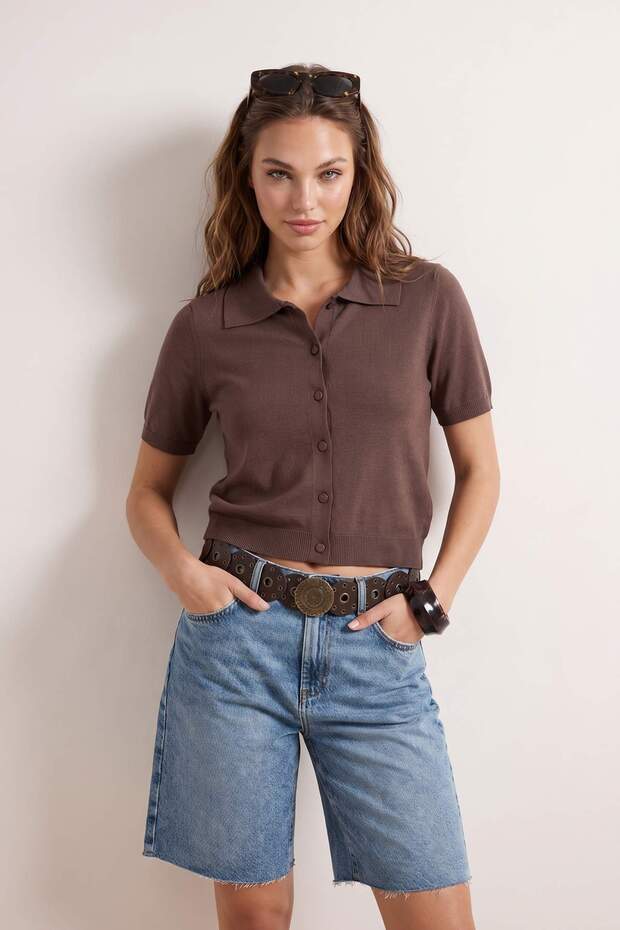 Wardrobe Essentials Kahverengi Premium Polo Yaka Triko Bluz TWOSS26BZ00113 - 2