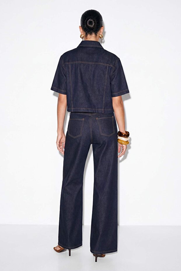 Lacivert Likralı İnce İspanyol Paça Denim Pantolon TDRSS26PL00031 - 3