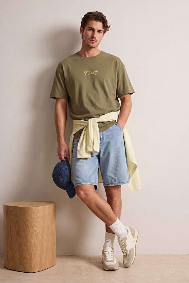 Haki Oversize/Geniş Kesim %100 Pamuklu Sırt Baskılı T-Shirt TMNSS24TS00003 - 1