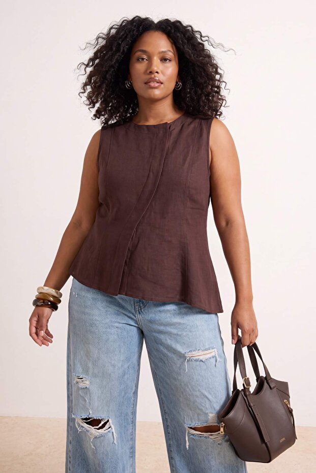 Brown Linen Look Oversized Woven Vest Tbbss26Bh00017 - 1