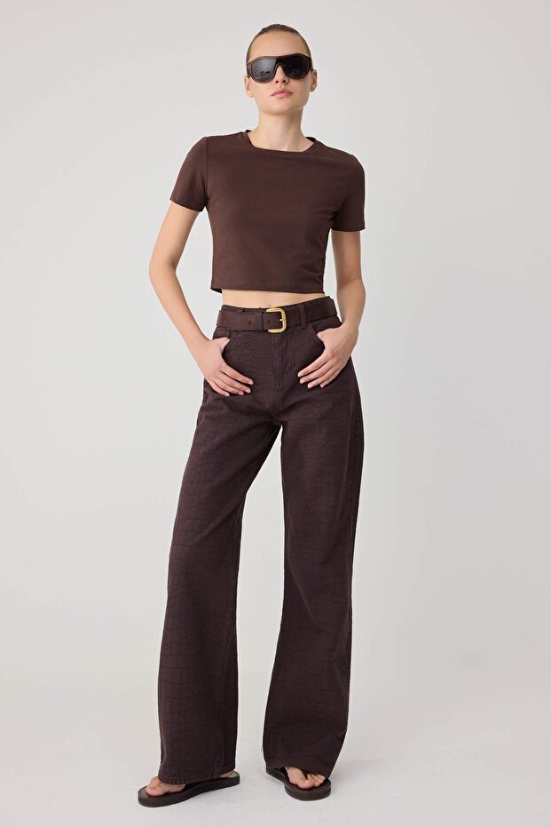 Kahverengi DOKULU KUMAŞ %100 Pamuk Yüksek Bel Wide Leg Jeans TWOSS26JE00163