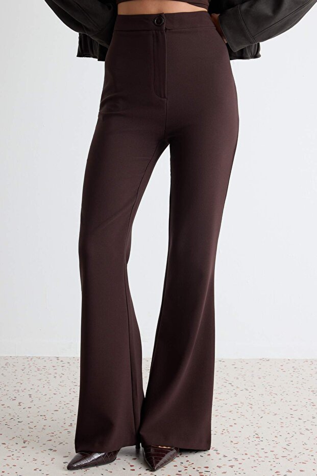 Koyu Kahverengi Flare İspanyol Paça Bootcut Dokuma Pantolon TOFAW19BB0581 - 3
