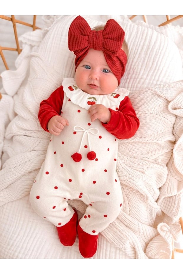 Cherry Velvet Red Baby Girl Romper