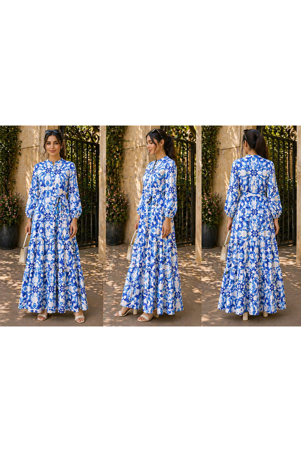 White & Royal Blue Print Tiered Casual Dress