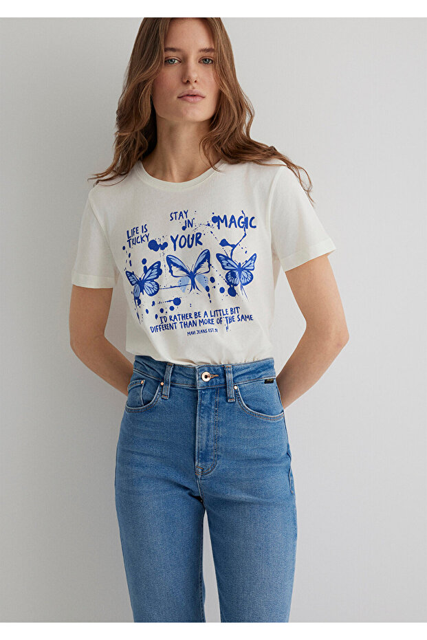 Butterfly Printed Ecru T-Shirt Semi Slim Fit / Semi Slim Fit 1613491-80194