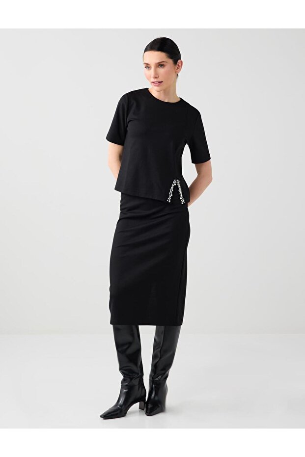 Black Straight Cut Regular Waist Slit Detailed Knitted Midi Skirt