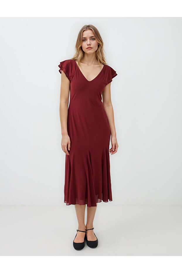 Copper V-Neck Short Sleeve Slim Fit Knitted Midi Dress