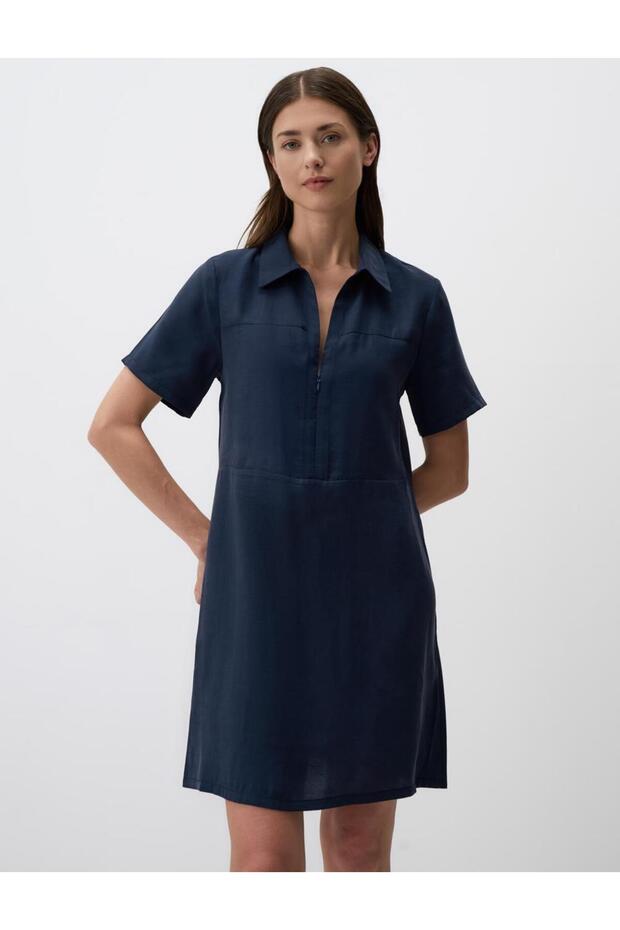 Polo Neck Navy Blue Mini Dress - Short Sleeve