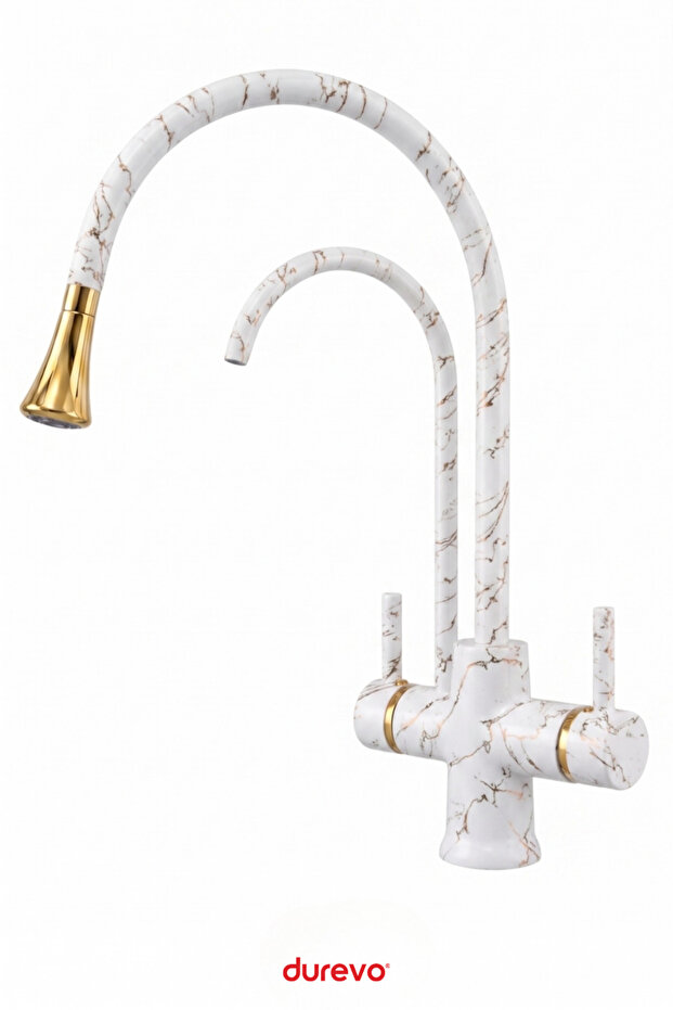 Damla Series - 3-Way Kitchen Sink Faucet with Water Purification (Water-Saving Sink Faucet) - Marble Pattern / Gold Detailed