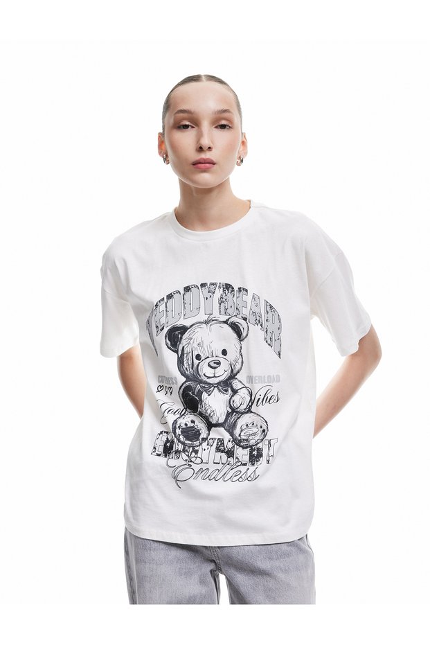 Crew Neck Short Sleeve Cotton Teddy Bear Printed Oversize T-Shirt