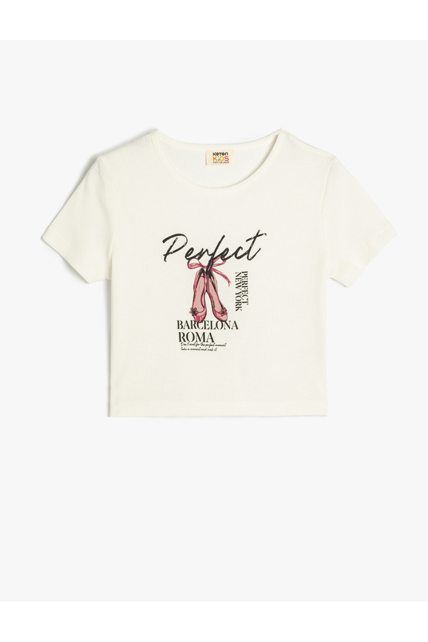 Crew Neck Short Sleeve Cotton Crop T-Shirt with Print Detail