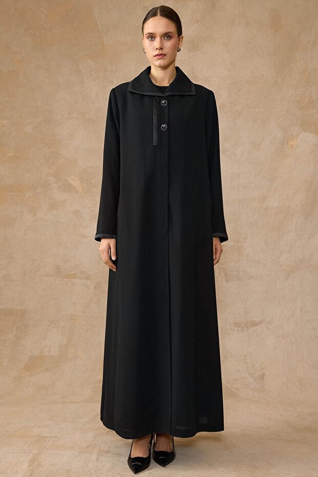 Tissue Collar Satin Detailed Lined Plus Size Overcoat Black 6824