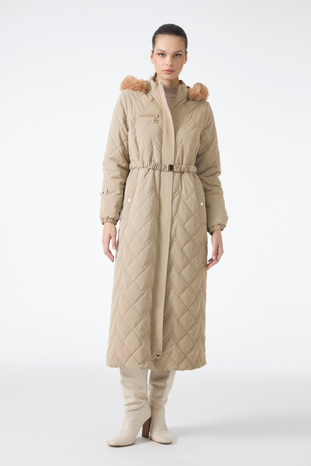 Fur Detailed Hooded Long Inflatable Beige Coat 12765
