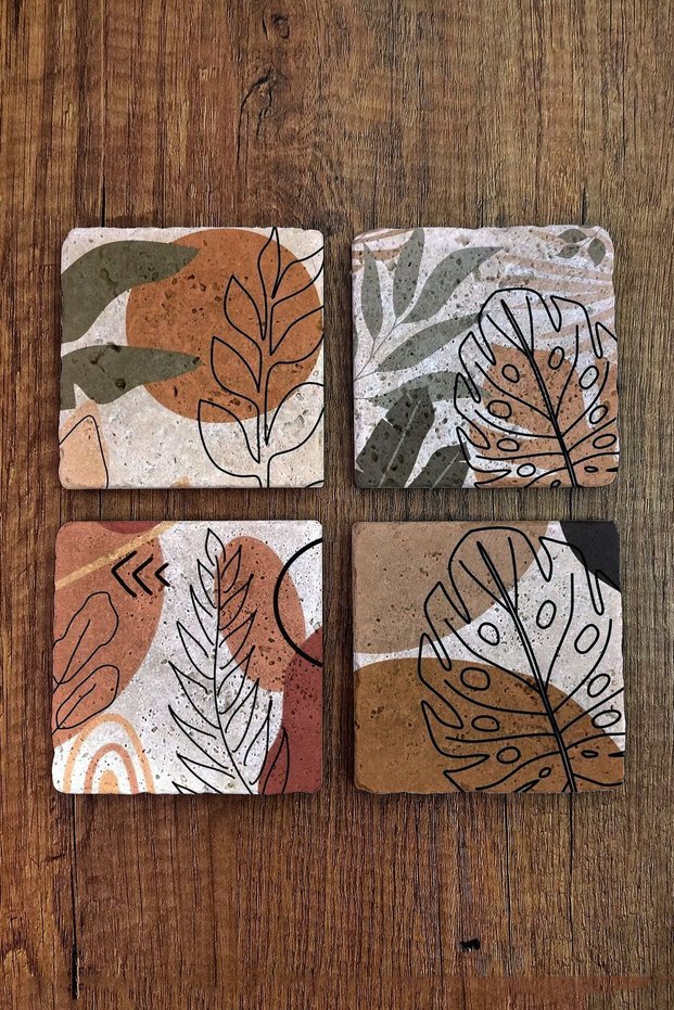 Natural Stone Coasters Pastel Color Patterns Printed Set of 4 - Stone Coasters