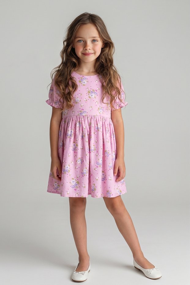 Pink Floral Watermelon Sleeves Girls' Dress