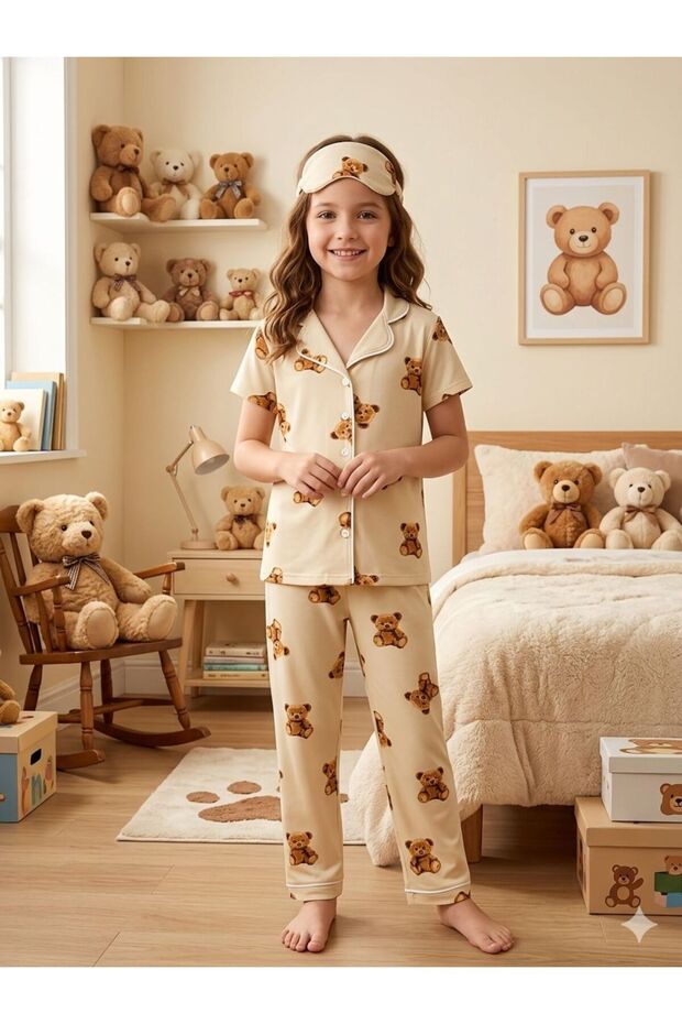 Girls' Milan Fabric Stretchy Beige Teddy Bear Patterned Shirt Collar Buttoned Short Sleeve Pajama Set