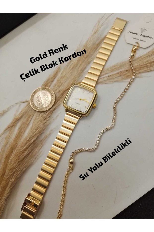 Retro Square Gold Color Case - White Color Dial - Gold Color Steel Block Band Women's Wristwatch - with Waterway Bracelet