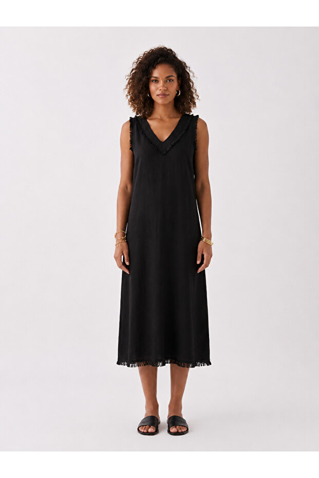 Women's Black V-Neck 100% Viscose Dress