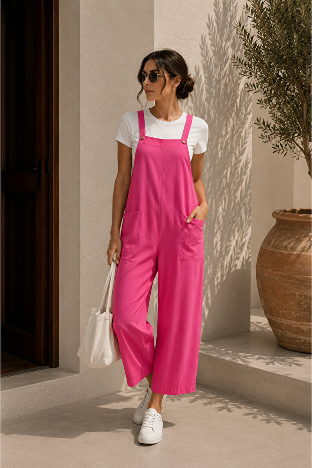 Women's Pocketed Strap Salopet Jumpsuit Drapey Comfortable Fit Tr0935