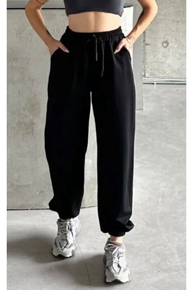 2-Threaded Sweatpants with Pockets, Black (with Pockets, Elastic Cuffs and Waistband)