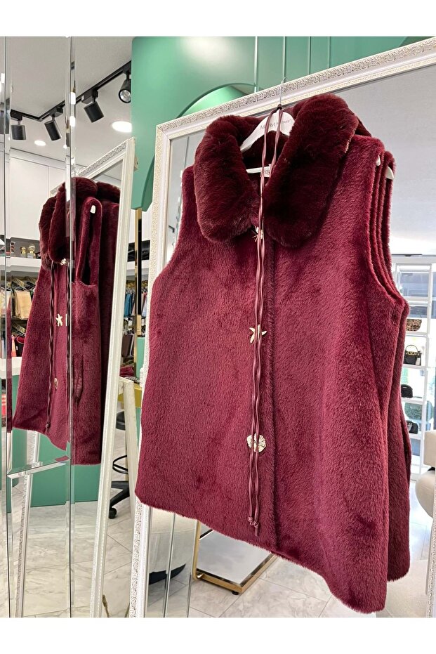 Shoulder Pad Tex Fur Angora Vest - Bordo - 3