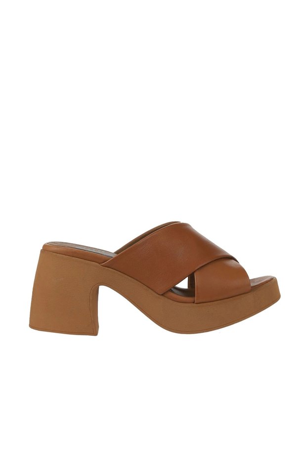 Tan Dark Leather Women's Heeled Slippers 01Wy12201