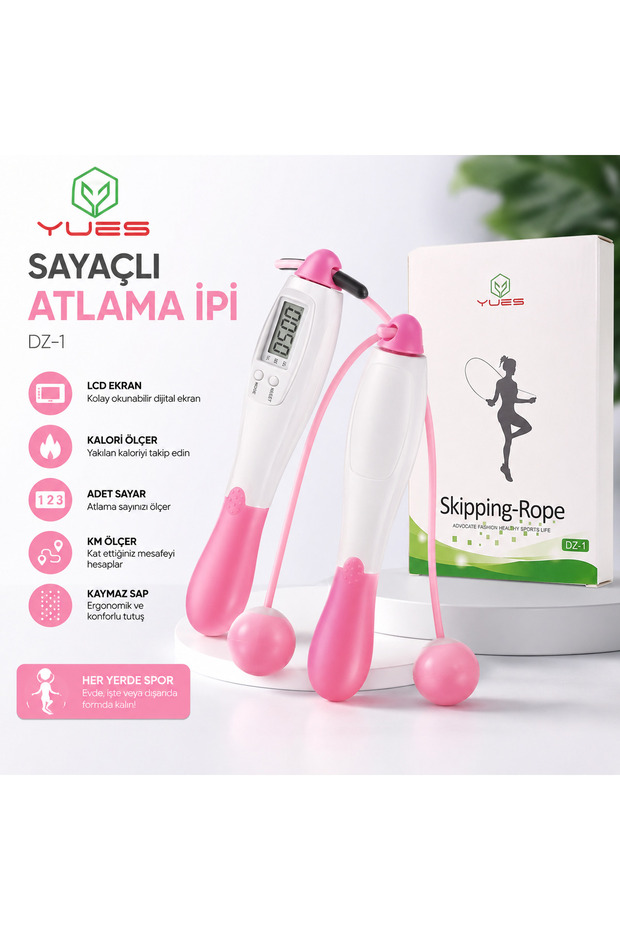 YUES Sayaçlı Atlama İpi LCD Ekranlı Kalori Adım KM Ölçer Kaymaz Saplı Pembe Egzersiz İpi