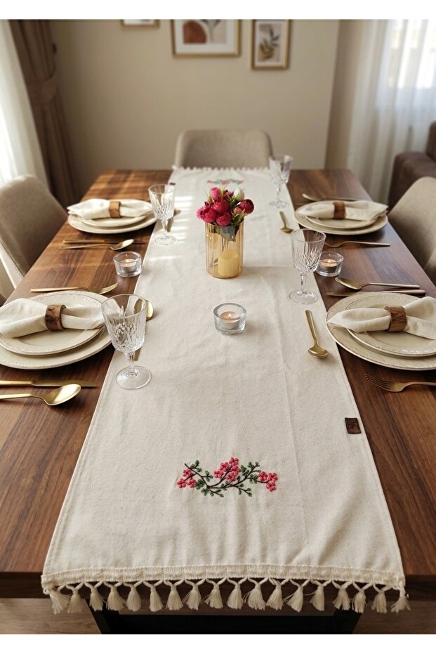 Embroidered Authentic Organic Fringed Soft Linen Runner 47X120 cm