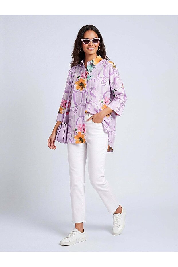 Women's Lilac Patterned Shirt – Page Fit | Breathable Fabric | Comfortable Form | Daily Elegance