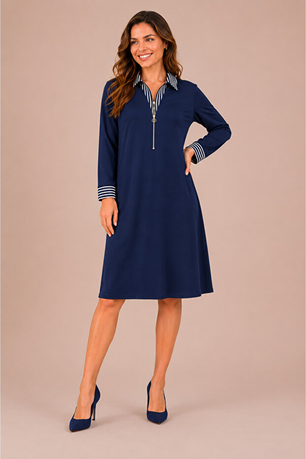 Stripe Detailed Zippered Collar Navy Blue Midi Dress