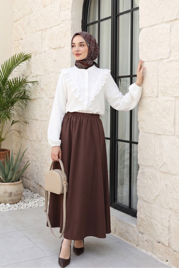 Lace Detailed Front, Elastic Sleeves, Buttoned Wrinkled Shirt - Ecru