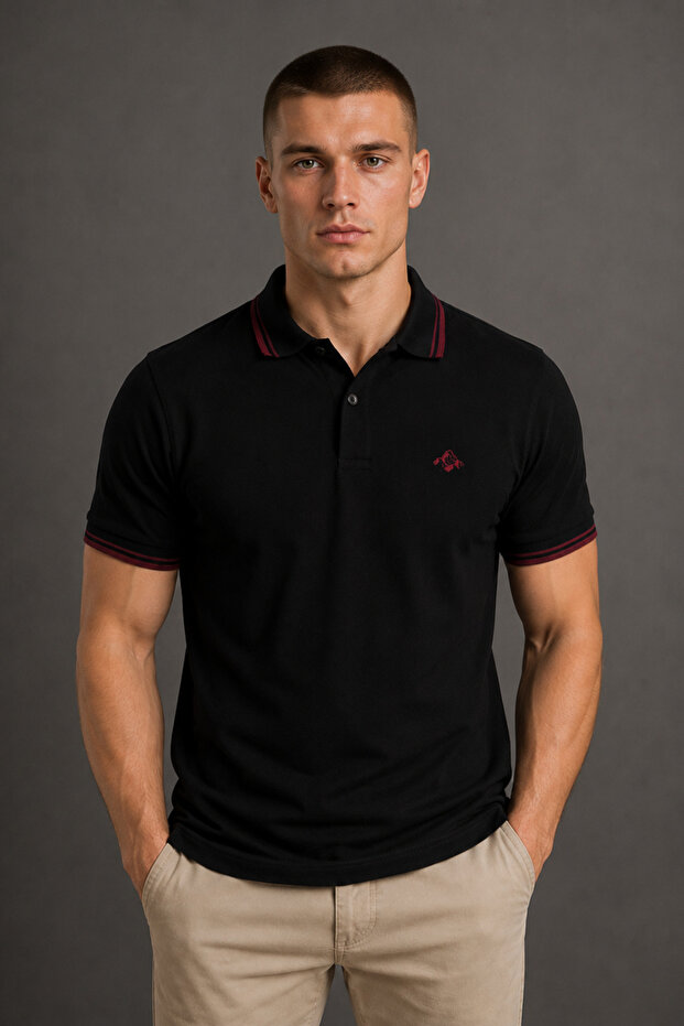 Men's Black Polo Collar T-Shirt 100% Cotton Pique Fabric Regular Fit Burgundy Striped Short Sleeve Mountain Embroidery