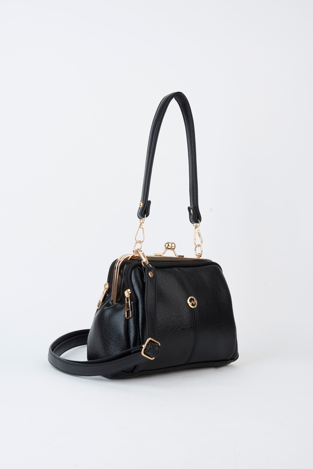 Women's Butterfly Black Handbag with Gold Accessories, 4 Compartments, Zipper Closure, Handbag and Shoulder Bag