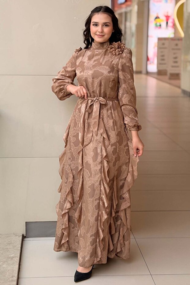 Self-Patterned Ruffled Evening Dress
