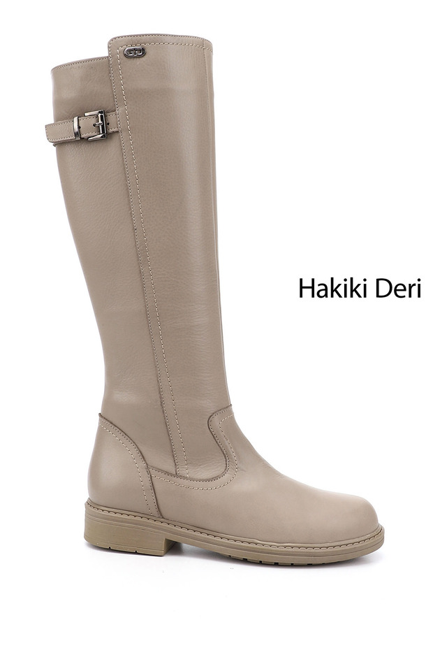 Women's Beige Zippered Rubber Sole Genuine Leather Boots