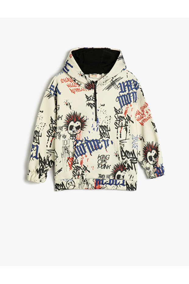 Oversize Hooded Sweatshirt Half Zipper Raised Printed