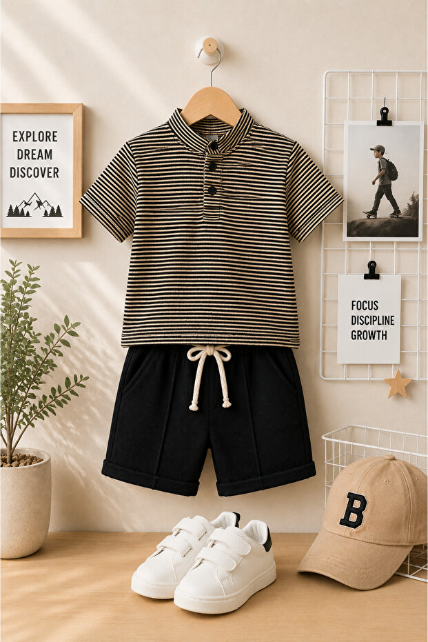 Boy's Waffle Fabric Striped Judge Collar Shorts 2-Piece Set