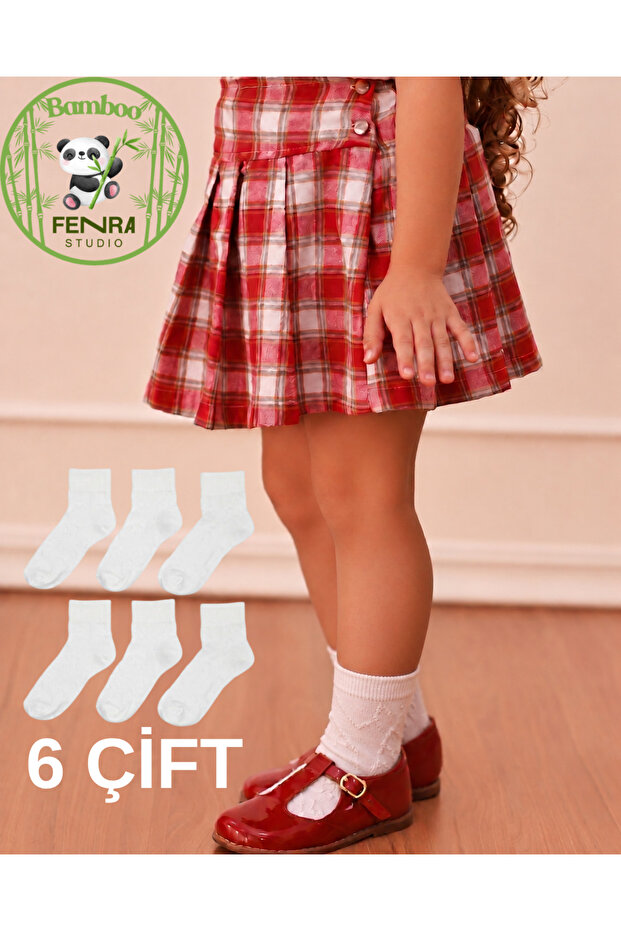 White Bamboo Children's Socket School Socks 6-Pack - Premium Socks with All Embossed and Floral Embroidery Detail