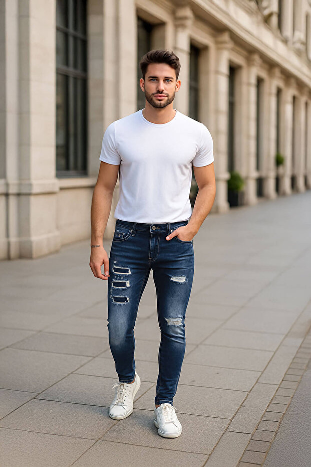 Men's Skinny Fit Destroy Dark Blue