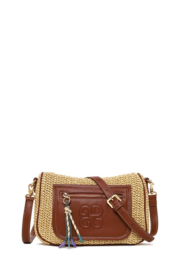 Women's Beige Long Strap Straw Crossbody Bag 26Sbd2521M7