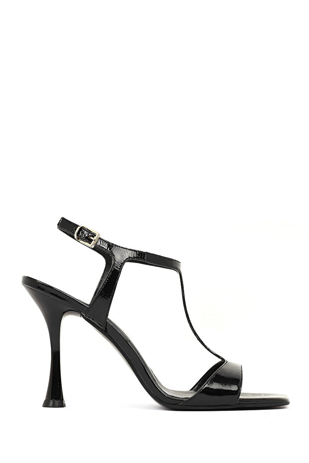 Women's Black Ankle Buckle High Thin Heeled Patent Leather Sandals 26Sfd160616